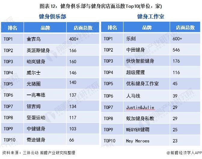 图表12：健身俱乐部与健身房店面总数Top10(单位：家)